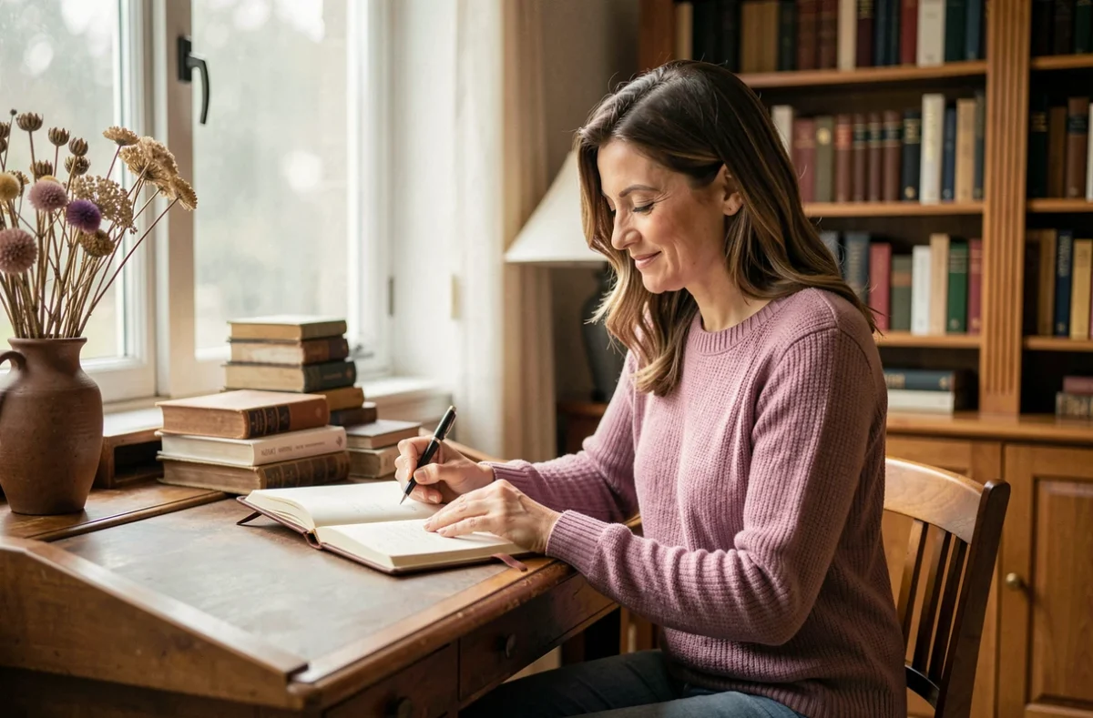 Femme rédigeant un message d'anniversaire de mariage dans un journal en cuir près d'une fenêtre