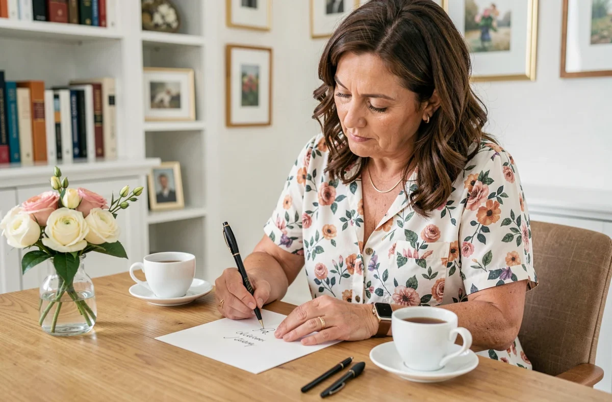 Femme rédigeant un message de félicitations pour un mariage à son bureau avec un stylo calligraphie