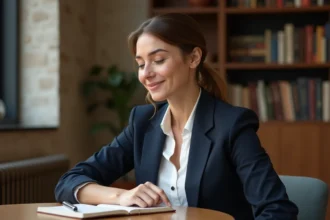 Femme en réflexion dans un café moderne