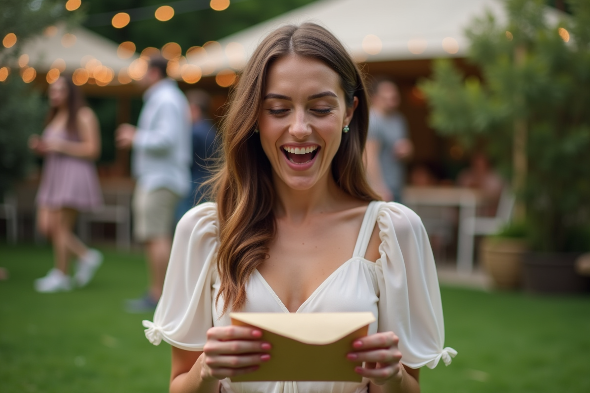 Femme souriante ouvrant une enveloppe lors d