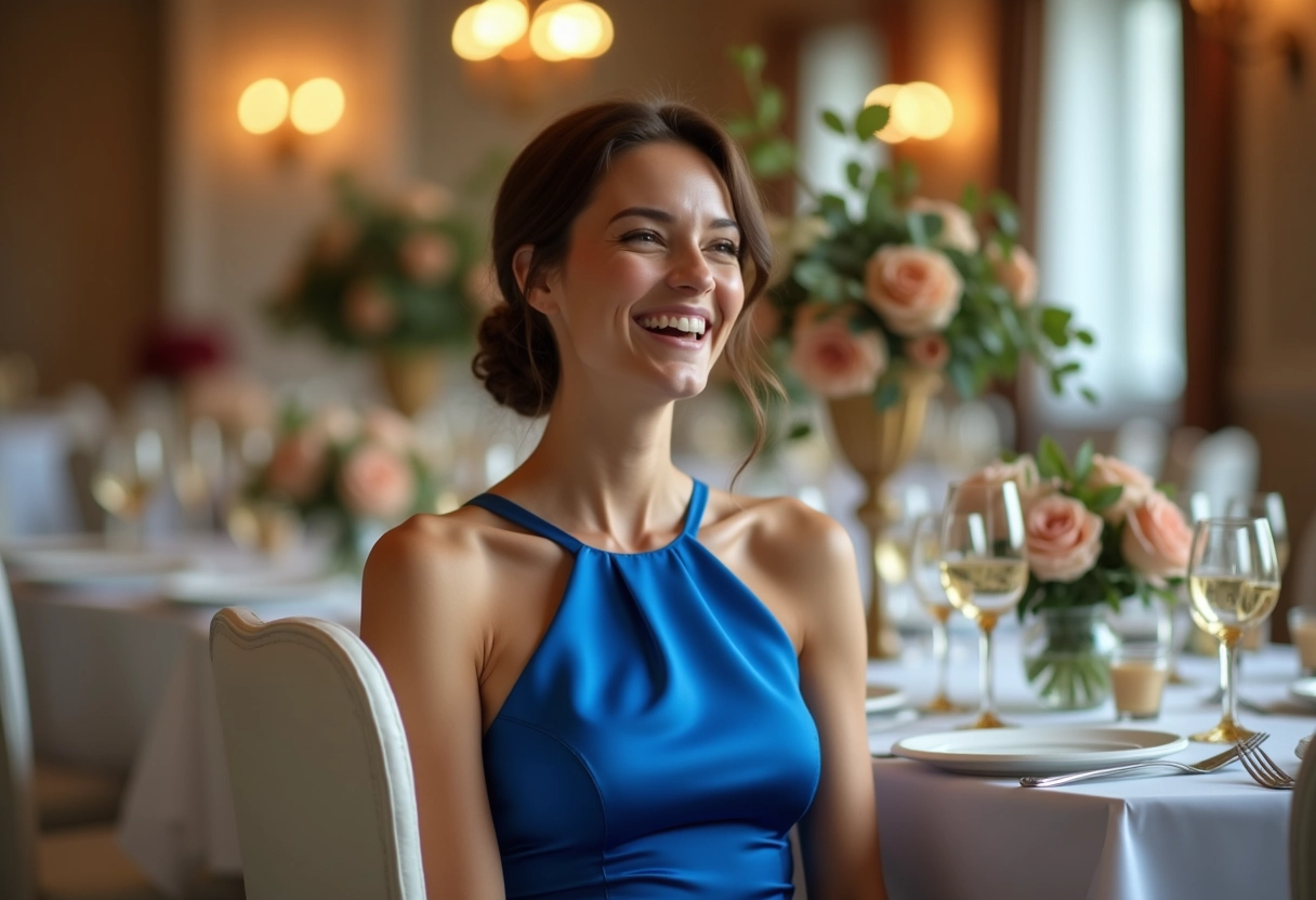 Jeune femme riant à une table de réception de mariage en intérieur