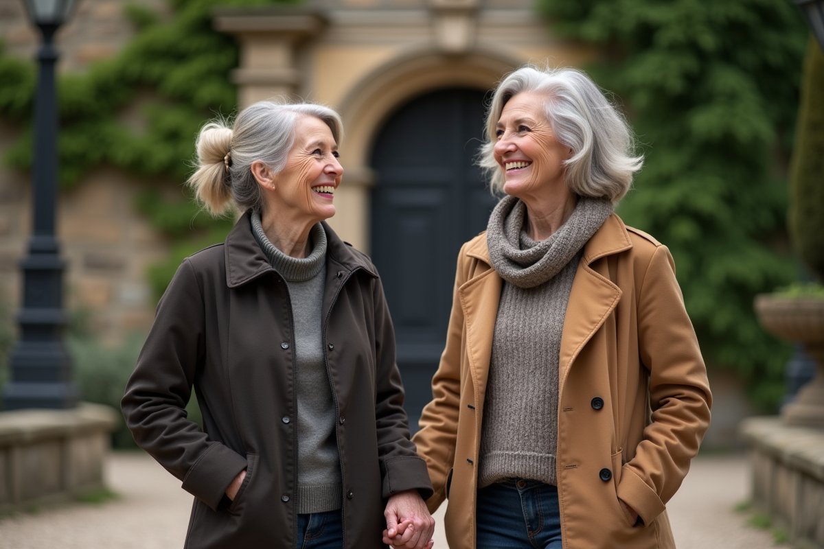 Deux femmes souriantes dans un parc devant la mairie historique