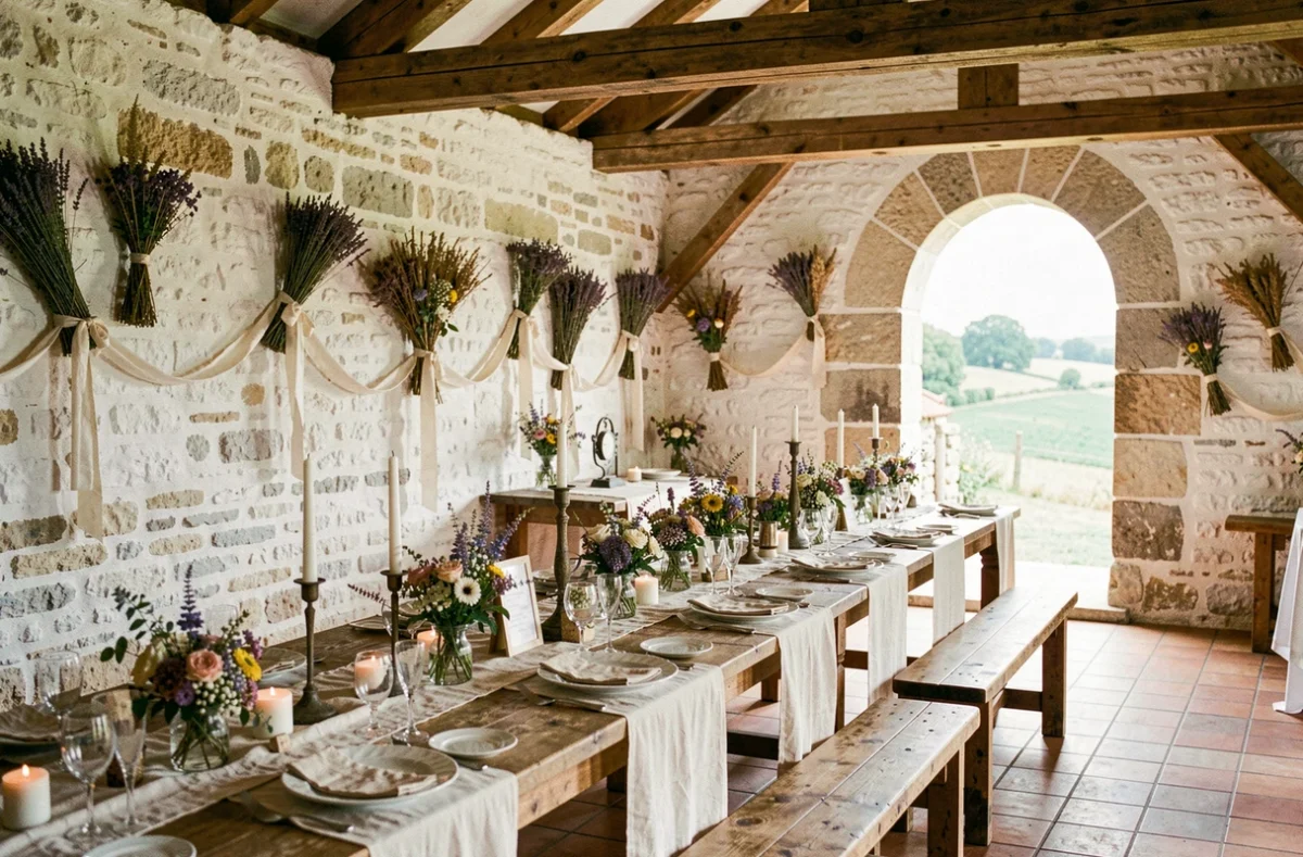 Intérieur de la Ferme de Gy à Giez, salle de mariage historique avec poutres en chêne et murs en pierre blanchis
