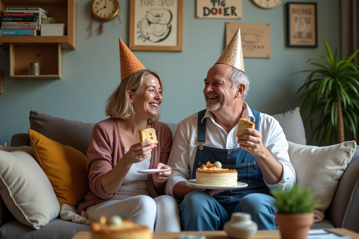 Jeune couple avec chapeaux fête et gâteau maison