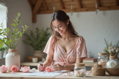 Jeune femme arrangeant fleurs en papier pour mariage intérieur