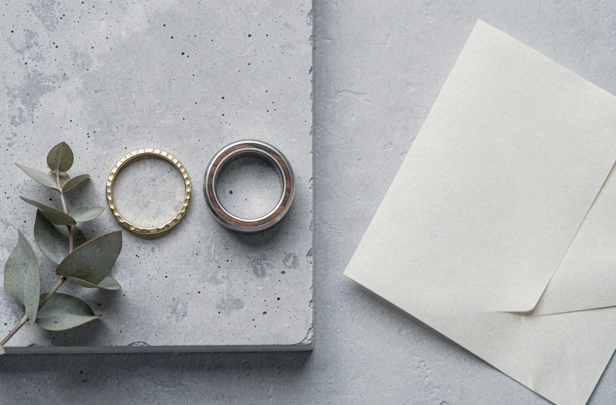 Flat lay de deux bagues duo couple côte à côte, bague femme en or martelé et bague homme en titane avec incrustation bois, sur béton minimaliste