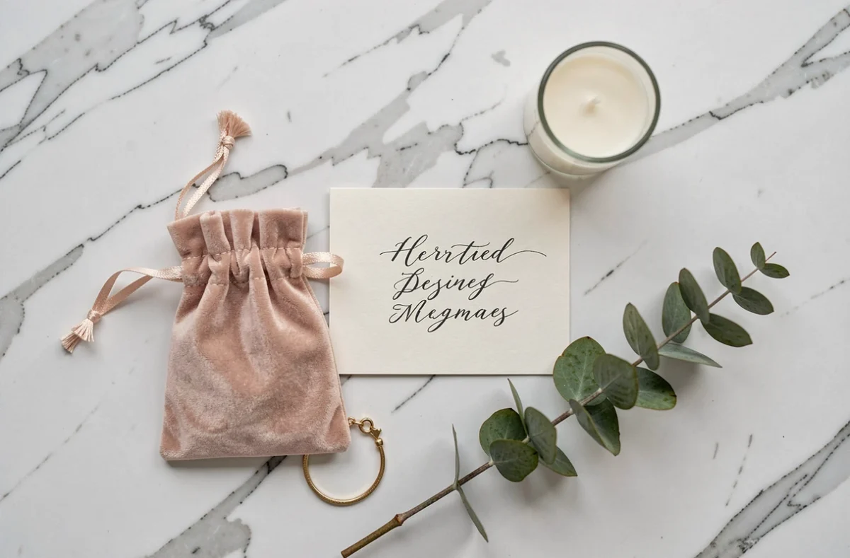 Flat lay de cadeaux pour témoins de mariage incluant pochette velours, bracelet doré, bougie et carte calligraphiée sur marbre blanc