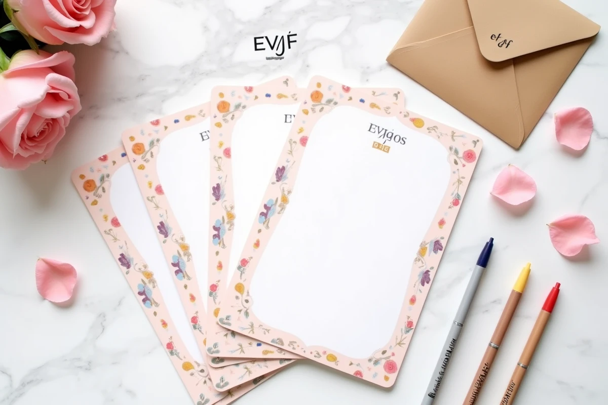 Vue de dessus d'un kit de jeu EVJF à imprimer avec cartes illustrées pastel, stylos colorés et pétales de rose sur marbre blanc