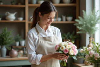 Jeune fleuriste arrangeant un bouquet de roses et pivoines