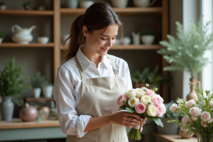 Jeune fleuriste arrangeant un bouquet de roses et pivoines