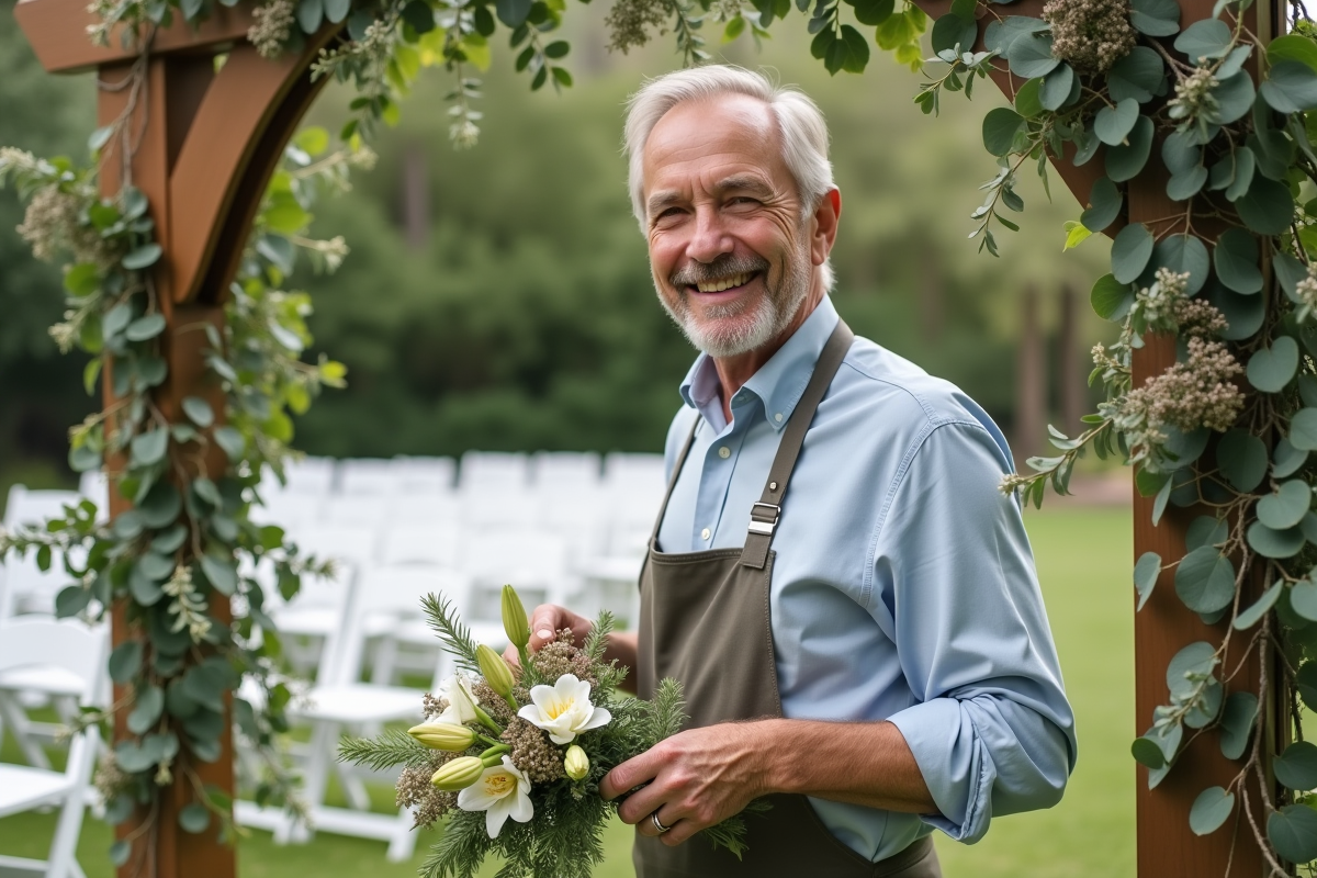 Fleuriste masculin ajustant une decoration florale en extérieur