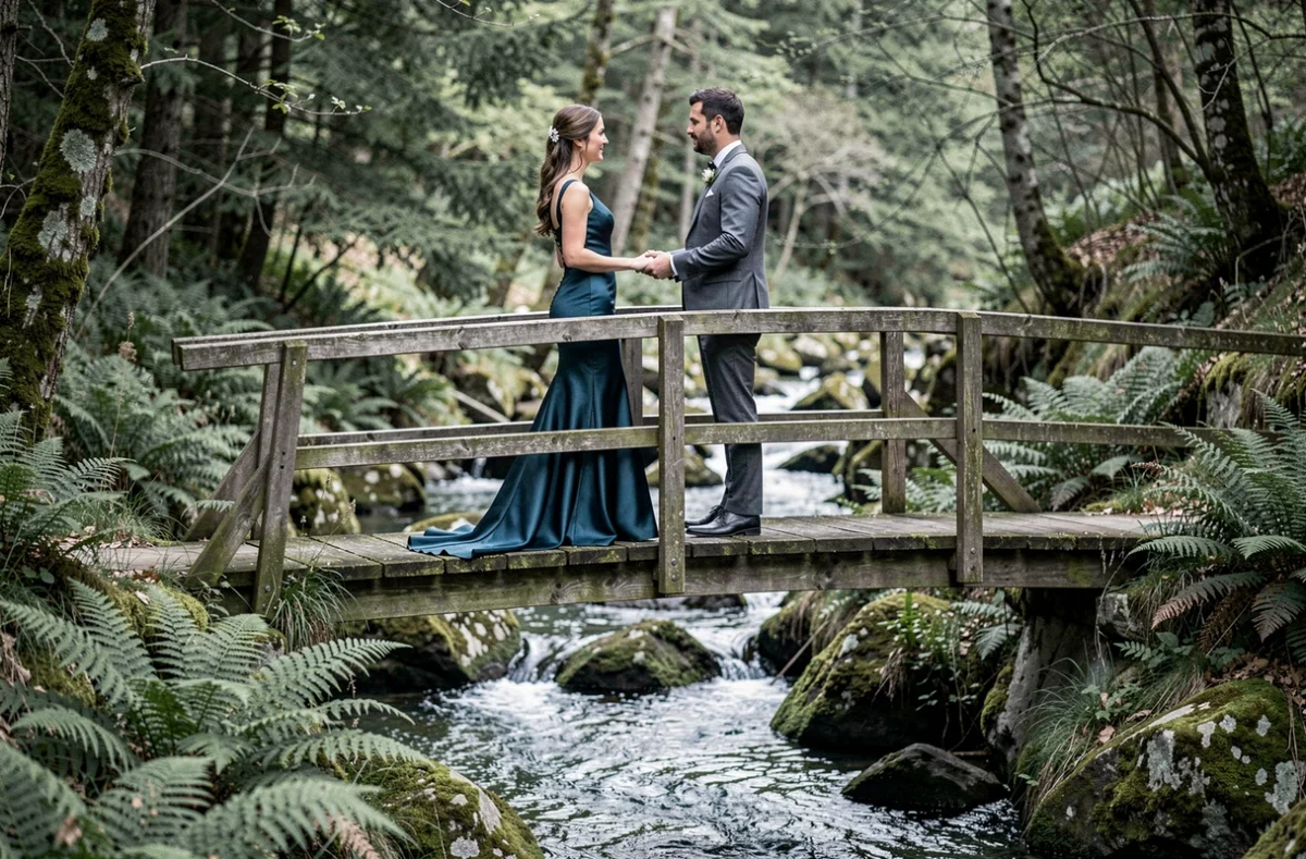 Mariés sur un pont en bois au-dessus d'un ruisseau dans une forêt auvergnate pour une photo de mariage