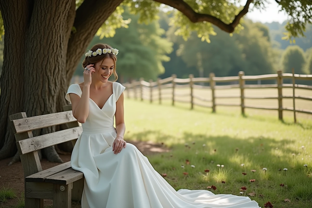 Future mariée ajustant sa couronne de fleurs sous un chêne