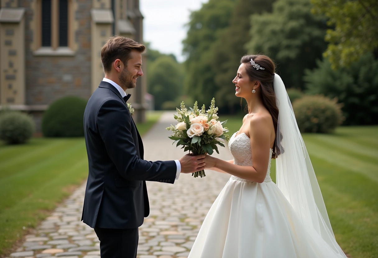 Jeune marié offrant un bouquet à sa fiancée devant l’église