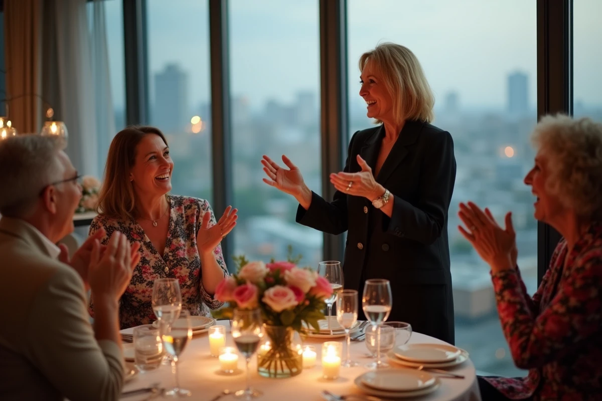 Groupe d'amis réagissant avec joie à un discours drôle lors d'un anniversaire de mariage