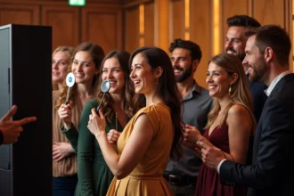 Groupe d'amis autour d'un photo booth lors d'une soirée
