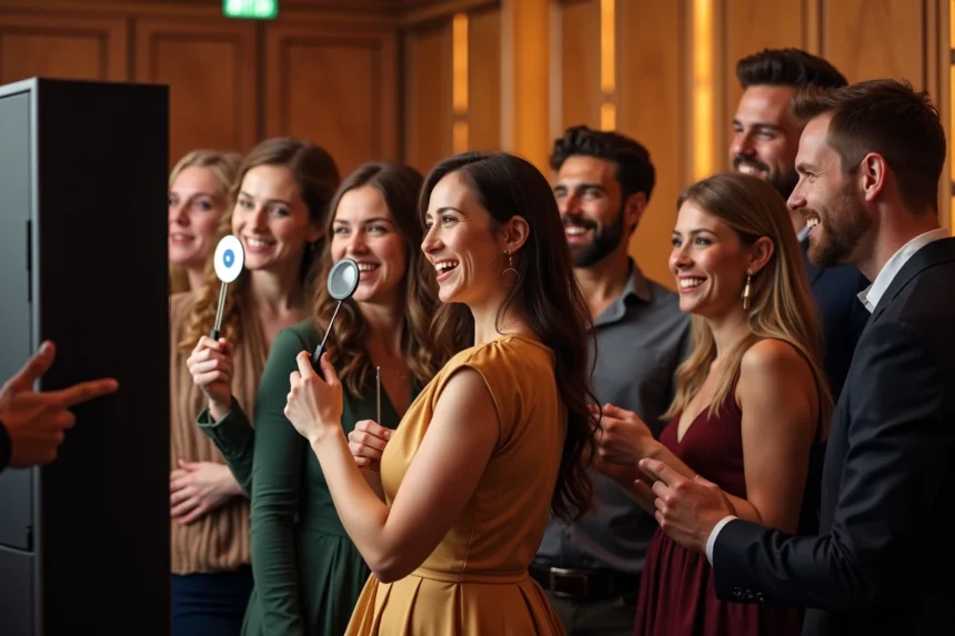 Groupe d'amis autour d'un photo booth lors d'une soirée