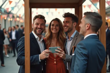 Groupe d'amis souriants lors d'une soirée en photobooth