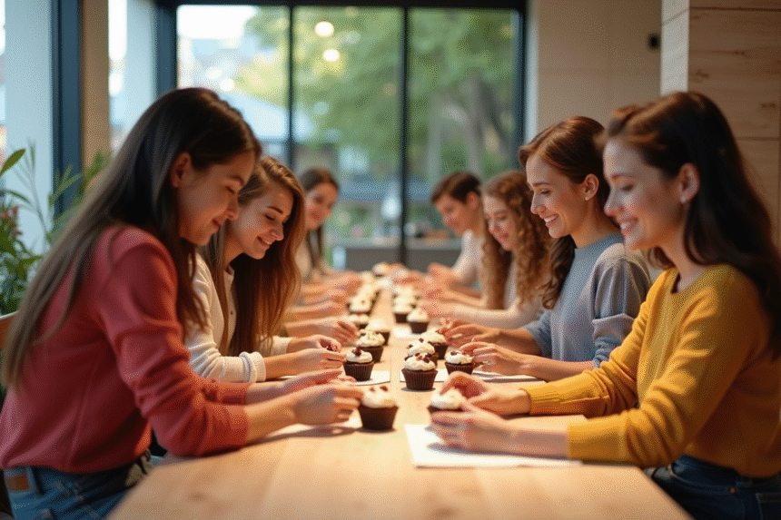 Groupe d'adultes et adolescents décorant des cupcakes ensemble