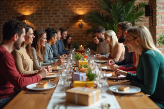 Groupe d'adultes souriants autour d'une table décorée