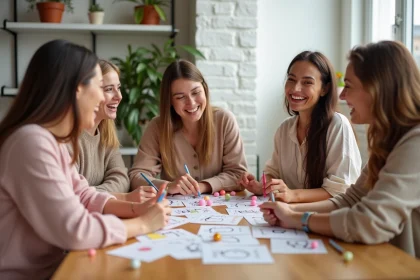 Groupe de femmes jouant à un jeu EVJF imprimé autour d'une table décorée de ballons pastel et de cartes quiz colorées