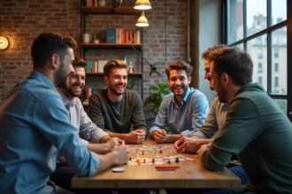 Groupe d'hommes jouant à un jeu de société dans un appartement urbain