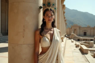 Femme vêtue d'une robe dorée gréco-romaine portant une couronne dorée devant une colonne de temple grec antique, évoquant la déesse Héra