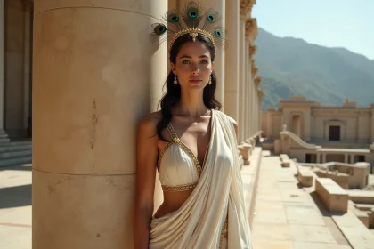 Femme vêtue d'une robe dorée gréco-romaine portant une couronne dorée devant une colonne de temple grec antique, évoquant la déesse Héra