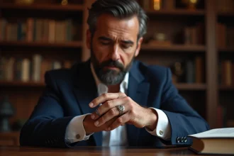 Homme d'âge moyen avec anneaux élégants dans un bureau