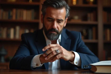 Homme d'âge moyen avec anneaux élégants dans un bureau