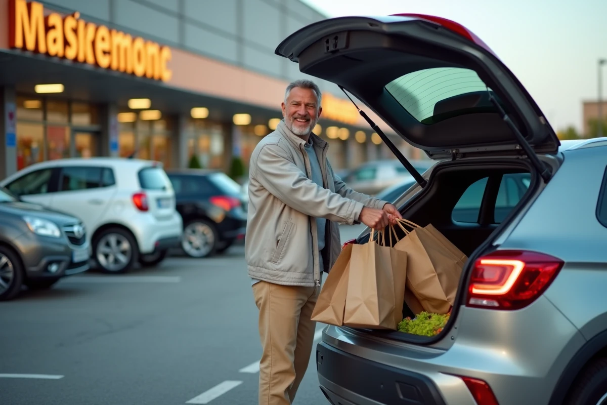 Homme chargeant ses sacs dans le coffre de sa voiture
