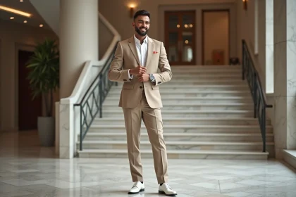 Homme en costume beige dans une salle moderne élégante