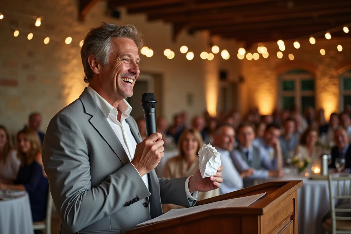 Homme faisant un discours humoristique lors d'une soirée anniversaire de mariage