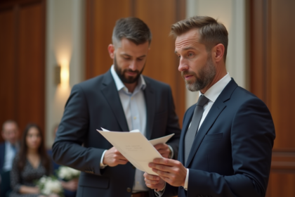 Homme en costume lecture officielle de mariage
