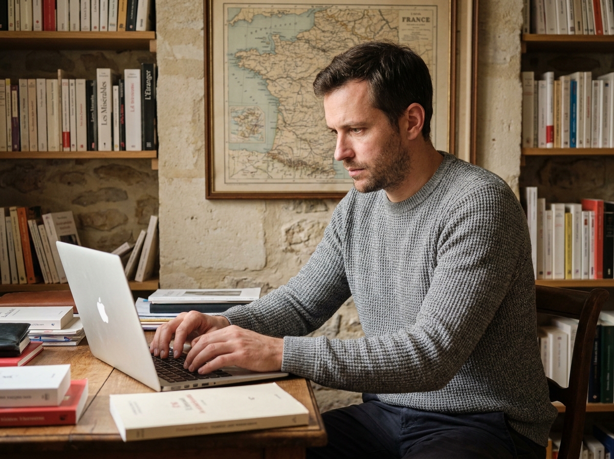 Homme travaillant depuis son bureau à domicile en France entouré de livres et d'une carte française