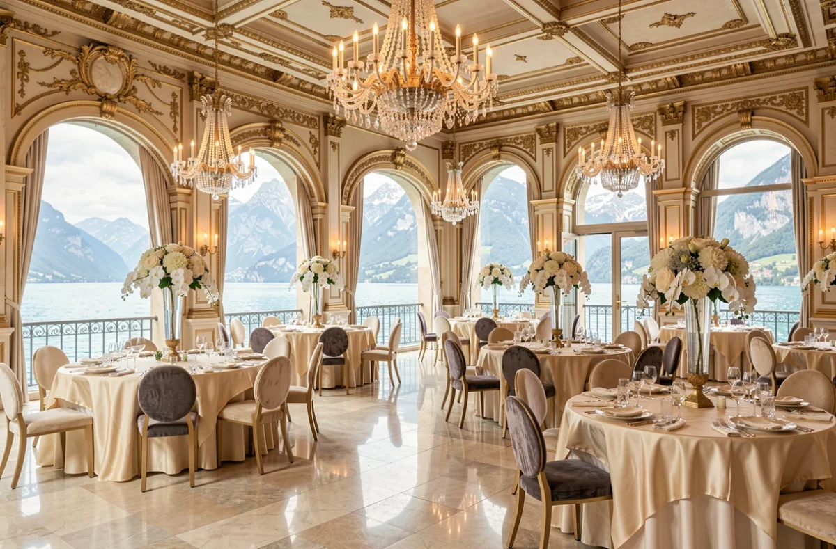 Salle de réception de mariage de l'Impérial Palace à Annecy avec vue sur le lac et décoration de luxe