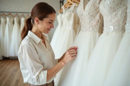 Femme inspectant les détails de couture d'une robe de mariée dans une boutique de mariage, comparant la qualité du tissu avant achat