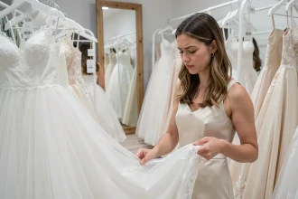 Jeune femme inspectant la qualité d'une robe de mariée bon marché dans une boutique de mariage