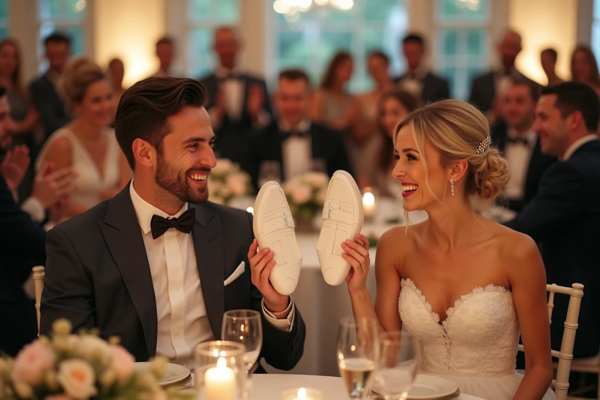 Mariés jouant au jeu des chaussures lors de la réception avec des invités souriants en arrière-plan