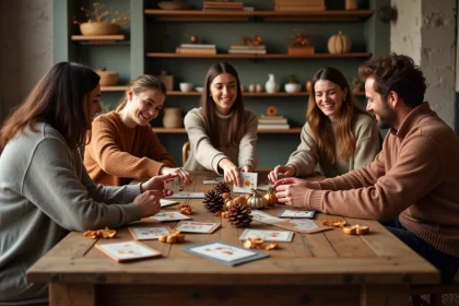 Groupe d'adultes jouant au jeu des douze mois autour d'une table en bois rustique avec cartes et cadeaux décorés