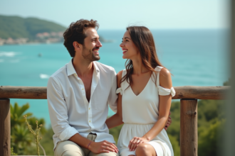 Jeune couple marié riant sur un balcon avec vue sur la mer