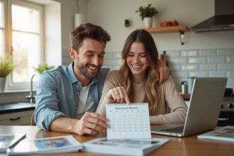 Jeune couple souriant pointant un calendrier dans la cuisine
