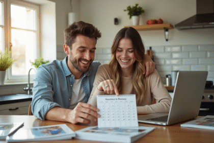 Jeune couple souriant pointant un calendrier dans la cuisine