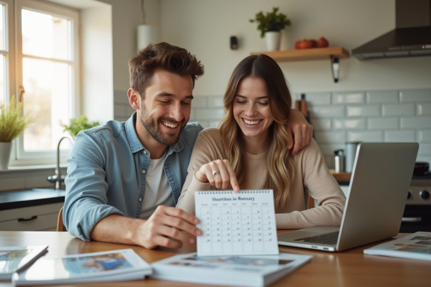 Jeune couple souriant pointant un calendrier dans la cuisine