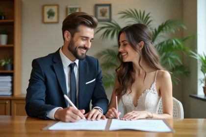 Jeune couple souriant en tenue de mariage dans un bureau chaleureux