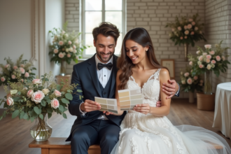 Jeune couple en mariage examinant des échantillons de couleurs