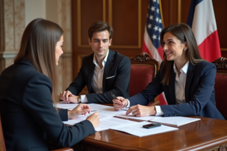 Jeune couple en costume lors d'une signature de mariage à la mairie