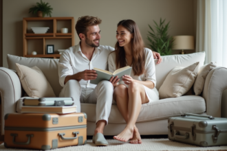 Jeune couple marié dans un salon avec valises et guides