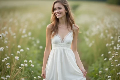 Jeune femme en robe de mariage dans un champ de fleurs