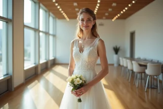 Jeune femme en robe blanche dans une salle moderne de mariage civil